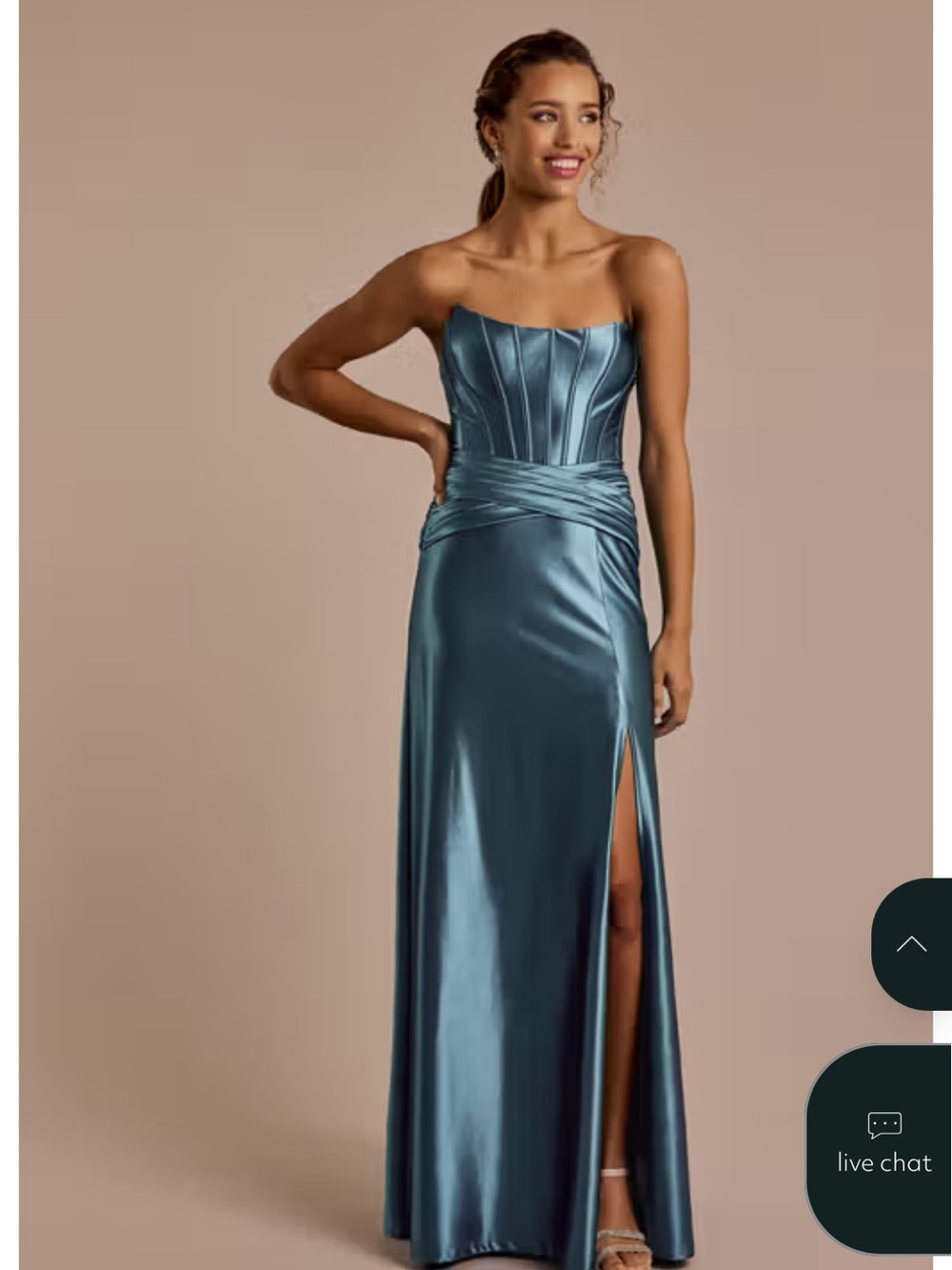 David's Bridal Strapless Satin Prom Gown in Teal Blue